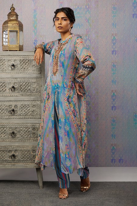 Buy_Soup By Sougat Paul_Multi Color Bottom Crepe, Top Chiffon Paisley, Embroidered Kurta And Pant Set _Online_at_Aza_Fashions