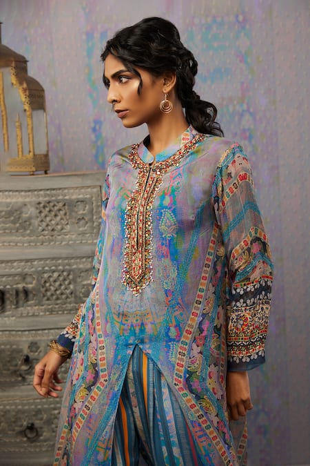 Shop_Soup By Sougat Paul_Multi Color Bottom Crepe, Top Chiffon Paisley, Embroidered Kurta And Pant Set _Online_at_Aza_Fashions