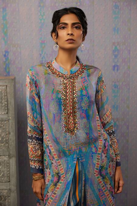 Soup By Sougat Paul_Multi Color Bottom Crepe, Top Chiffon Paisley, Embroidered Kurta And Pant Set _at_Aza_Fashions