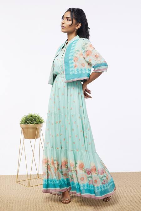 Buy Soup By Sougat Paul Blue Shimmer Floral Mandarin Collar Print Dress With Jacket Online at Aza Fashions Buy_Soup By Sougat Paul_Blue Shimmer Floral Mandarin Collar Print Dress With Jacket _Online_at_Aza_Fashions