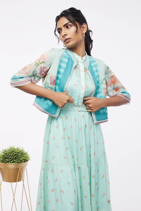 Shop Soup By Sougat Paul Blue Shimmer Floral Mandarin Collar Print Dress With Jacket Online at Aza Fashions Shop_Soup By Sougat Paul_Blue Shimmer Floral Mandarin Collar Print Dress With Jacket _Online_at_Aza_Fashions