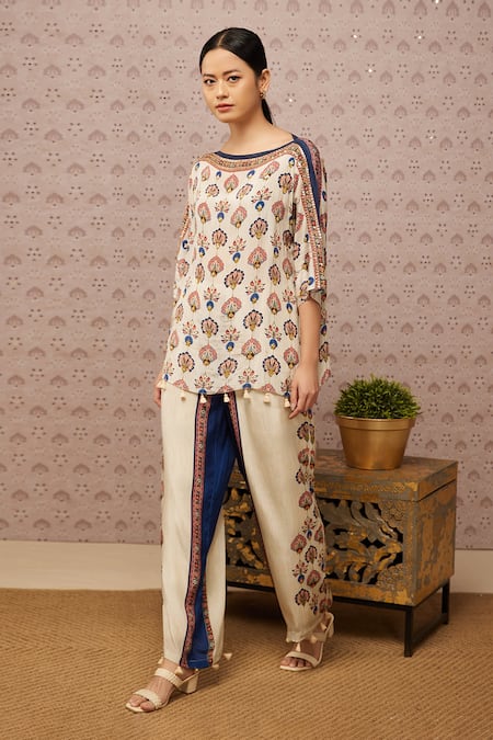 Soup by Sougat Paul_Cream Crepe Sarouk Boat Neck Print Top And Palazzo Set _Online_at_Aza_Fashions