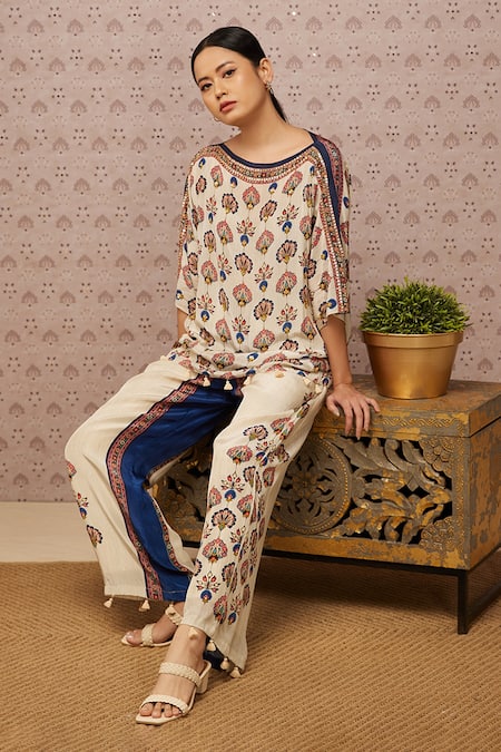 Buy_Soup by Sougat Paul_Cream Crepe Sarouk Boat Neck Print Top And Palazzo Set _Online_at_Aza_Fashions