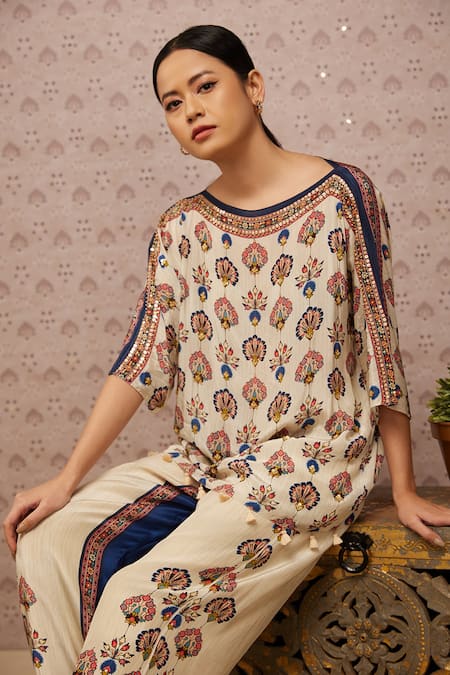 Shop_Soup by Sougat Paul_Cream Crepe Sarouk Boat Neck Print Top And Palazzo Set _Online_at_Aza_Fashions