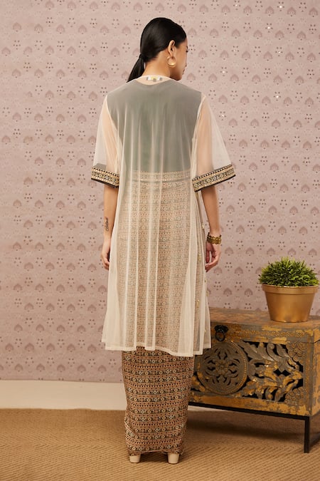 Shop_Soup By Sougat Paul_Cream Jacket Net, Top And Skirt Crepe Sarouk Jacket Printed & Draped Set _at_Aza_Fashions