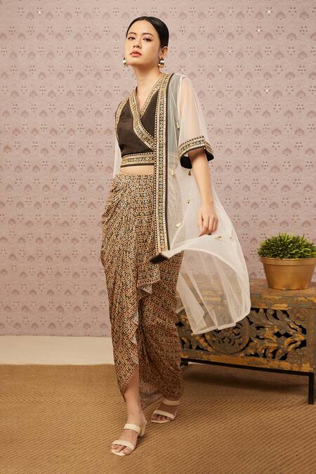 Soup By Sougat Paul_Cream Jacket Net, Top And Skirt Crepe Sarouk Jacket Printed & Draped Set _Online_at_Aza_Fashions