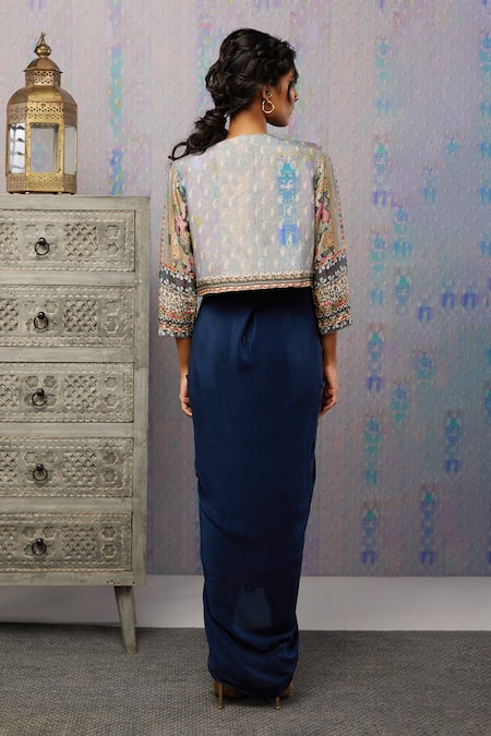 Shop Soup By Sougat Paul Blue Dress Crepe, Jacket Silk Ikaya Dress Draped With Embroidered at Aza Fashions Shop_Soup By Sougat Paul_Blue Dress Crepe, Jacket Silk Ikaya Dress Draped With Embroidered _at_Aza_Fashions