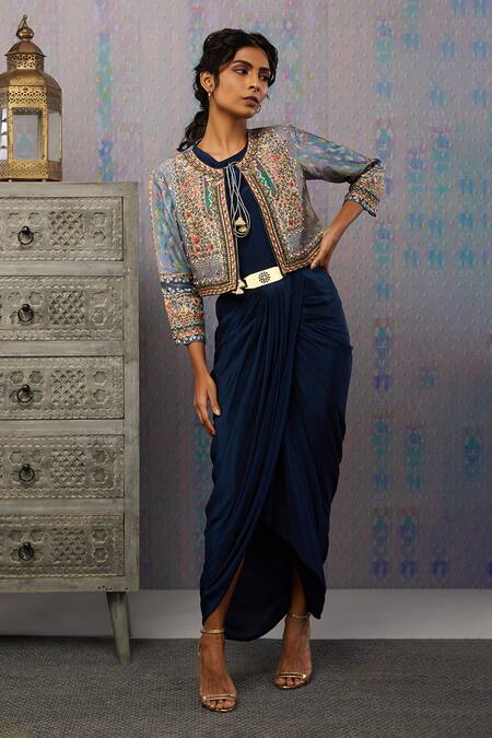 Soup By Sougat Paul Blue Dress Crepe, Jacket Silk Ikaya Dress Draped With Embroidered Online at Aza Fashions Soup By Sougat Paul_Blue Dress Crepe, Jacket Silk Ikaya Dress Draped With Embroidered _Online_at_Aza_Fashions