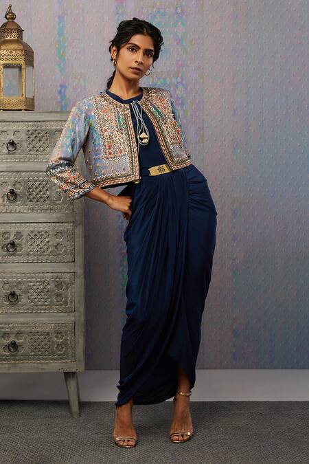 Buy Soup By Sougat Paul Blue Dress Crepe, Jacket Silk Ikaya Dress Draped With Embroidered Online at Aza Fashions Buy_Soup By Sougat Paul_Blue Dress Crepe, Jacket Silk Ikaya Dress Draped With Embroidered _Online_at_Aza_Fashions