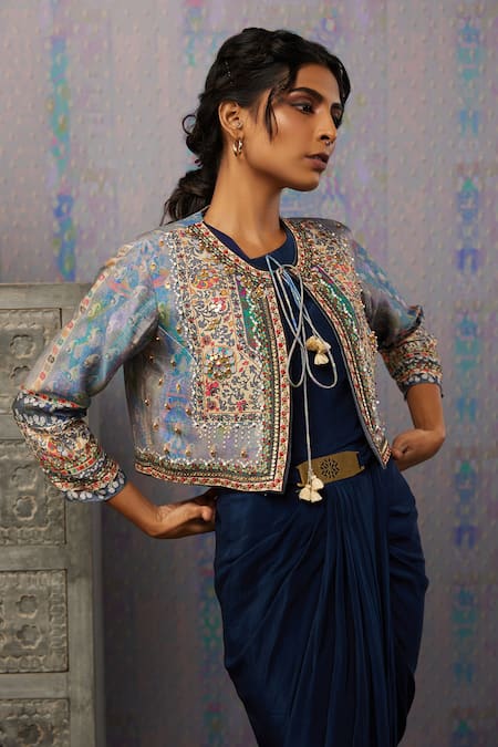 Shop Soup By Sougat Paul Blue Dress Crepe, Jacket Silk Ikaya Dress Draped With Embroidered Online at Aza Fashions Shop_Soup By Sougat Paul_Blue Dress Crepe, Jacket Silk Ikaya Dress Draped With Embroidered _Online_at_Aza_Fashions