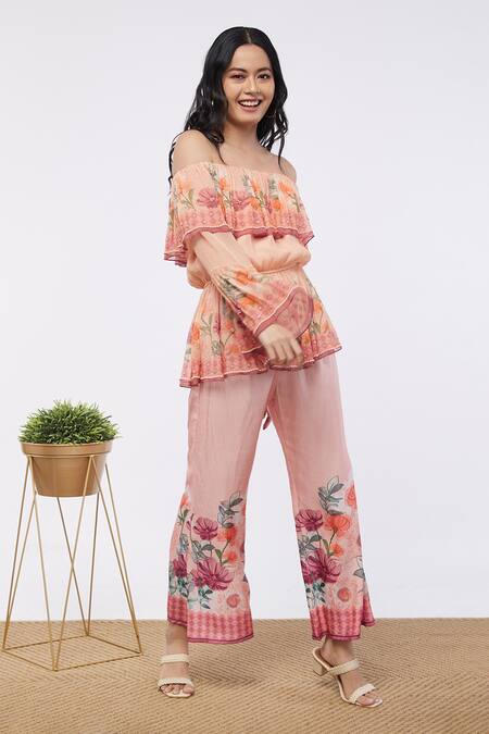 Buy_Soup By Sougat Paul_Pink Shimmer Floral Straight Off-shoulder Top And Pant Set _Online_at_Aza_Fashions