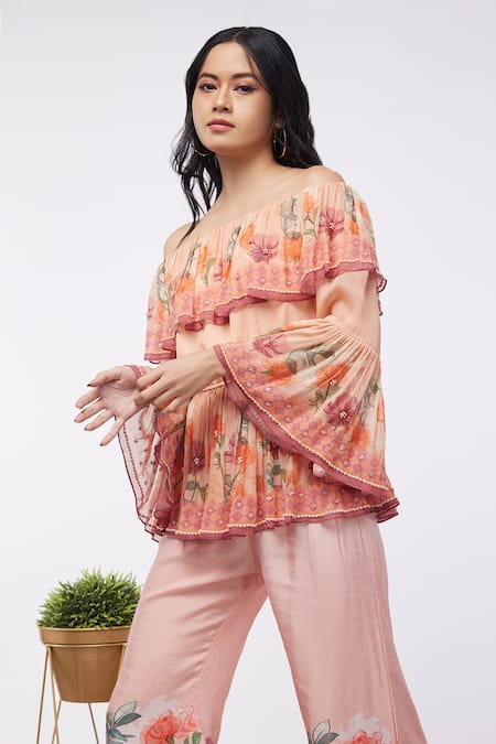 Shop_Soup By Sougat Paul_Pink Shimmer Floral Straight Off-shoulder Top And Pant Set _Online_at_Aza_Fashions