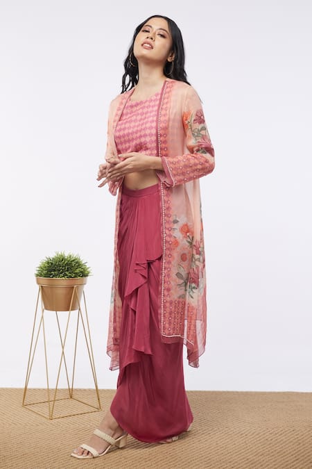 Soup By Sougat Paul_Pink Crop Top Silkskirt  Crepe Jacket  Shimmer Floral Print And & Draped Set _Online_at_Aza_Fashions