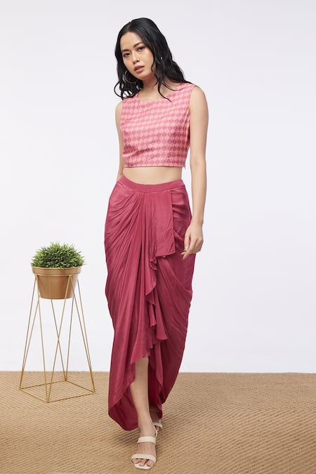 Buy_Soup By Sougat Paul_Pink Crop Top Silkskirt  Crepe Jacket  Shimmer Floral Print And & Draped Set _Online_at_Aza_Fashions