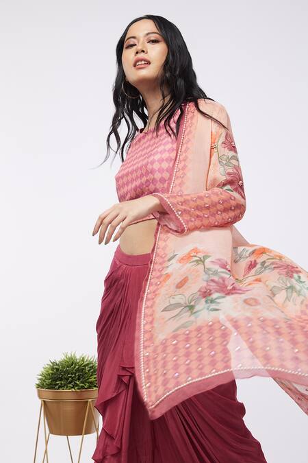 Shop_Soup By Sougat Paul_Pink Crop Top Silkskirt  Crepe Jacket  Shimmer Floral Print And & Draped Set _Online_at_Aza_Fashions
