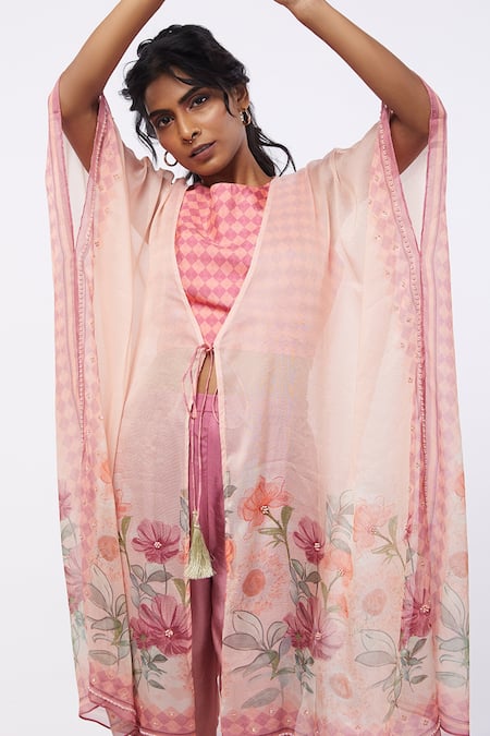 Shop_Soup By Sougat Paul_Pink Top And Bottom  Silk & Jacket  Shimmer Floral Print & Kaftan & Pant Set _Online_at_Aza_Fashions