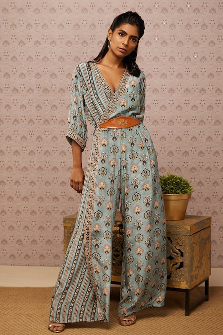 Buy Green Dupion Embroidered Geometric V Neck Print Jumpsuit With Belt For  Women by Laxmishriali Online at Aza Fashions.