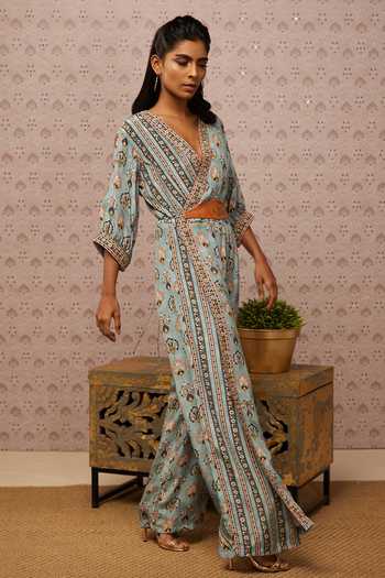 Soup By Sougat Paul_Blue Crepe Sarouk Print V Neck Jumpsuit _Online_at_Aza_Fashions
