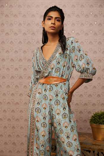 Buy_Soup By Sougat Paul_Blue Crepe Sarouk Print V Neck Jumpsuit _Online_at_Aza_Fashions