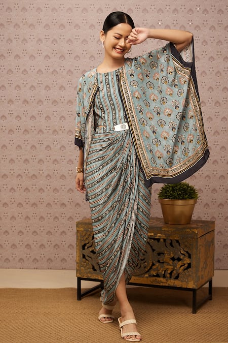 Soup By Sougat Paul Blue Crepe Sarouk Print And Sequin Round Draped Dress With Cape Online at Aza Fashions Soup By Sougat Paul_Blue Crepe Sarouk Print And Sequin Round Draped Dress With Cape _Online_at_Aza_Fashions