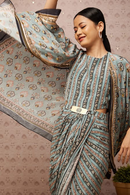 Shop Soup By Sougat Paul Blue Crepe Sarouk Print And Sequin Round Draped Dress With Cape Online at Aza Fashions Shop_Soup By Sougat Paul_Blue Crepe Sarouk Print And Sequin Round Draped Dress With Cape _Online_at_Aza_Fashions