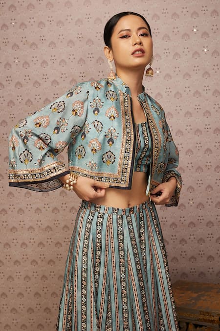 Shop_Soup By Sougat Paul_Blue Silk Sarouk Print And Sequin Jacket Band Collar & Blouse Lehenga Set _Online_at_Aza_Fashions