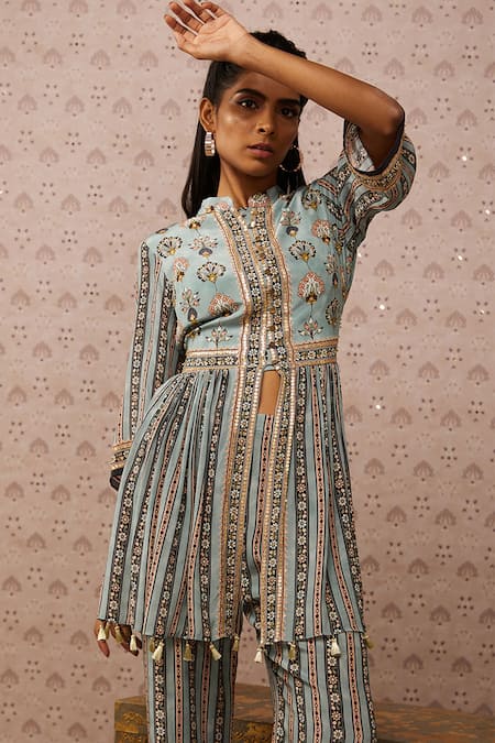 Buy_Soup By Sougat Paul_Blue Crepe Sarouk Print And Sequin Band Kurta & Palazzo Set _Online_at_Aza_Fashions
