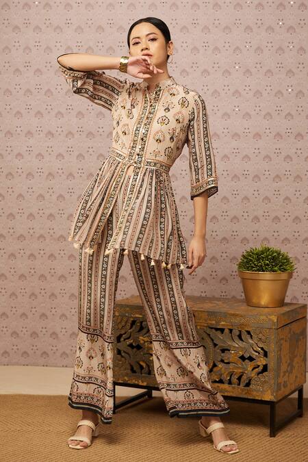 Soup By Sougat Paul_Beige Crepe Sarouk Print And Sequin Band Kurta & Palazzo Set _Online_at_Aza_Fashions