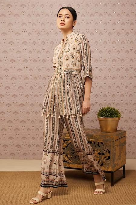 Buy_Soup By Sougat Paul_Beige Crepe Sarouk Print And Sequin Band Kurta & Palazzo Set _Online_at_Aza_Fashions