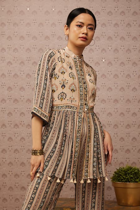 Shop_Soup By Sougat Paul_Beige Crepe Sarouk Print And Sequin Band Kurta & Palazzo Set _Online_at_Aza_Fashions