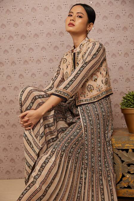 Buy Soup By Sougat Paul Beige Crepe Sarouk Print And Sequin Jacket Collar, Jumpsuit Round With Online at Aza Fashions Buy_Soup By Sougat Paul_Beige Crepe Sarouk Print And Sequin Jacket Collar, Jumpsuit Round With _Online_at_Aza_Fashions