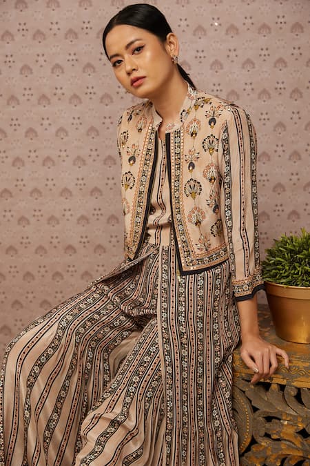 Shop Soup By Sougat Paul Beige Crepe Sarouk Print And Sequin Jacket Collar, Jumpsuit Round With Online at Aza Fashions Shop_Soup By Sougat Paul_Beige Crepe Sarouk Print And Sequin Jacket Collar, Jumpsuit Round With _Online_at_Aza_Fashions