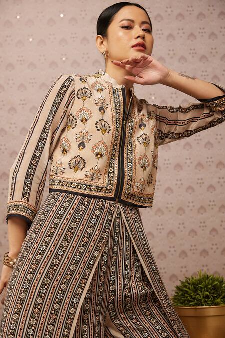 Soup By Sougat Paul Beige Crepe Sarouk Print And Sequin Jacket Collar, Jumpsuit Round With at Aza Fashions Soup By Sougat Paul_Beige Crepe Sarouk Print And Sequin Jacket Collar, Jumpsuit Round With _at_Aza_Fashions