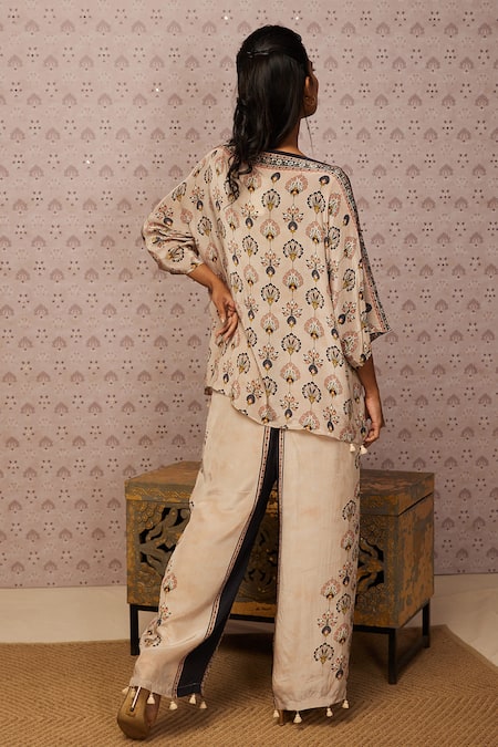 Shop Soup By Sougat Paul Beige Crepe Sarouk Print And Sequin Boat Tunic & Palazzo Set at Aza Fashions Shop_Soup By Sougat Paul_Beige Crepe Sarouk Print And Sequin Boat Tunic & Palazzo Set _at_Aza_Fashions