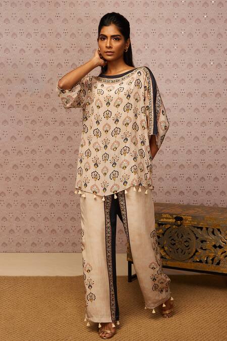 Soup By Sougat Paul Beige Crepe Sarouk Print And Sequin Boat Tunic & Palazzo Set Online at Aza Fashions Soup By Sougat Paul_Beige Crepe Sarouk Print And Sequin Boat Tunic & Palazzo Set _Online_at_Aza_Fashions