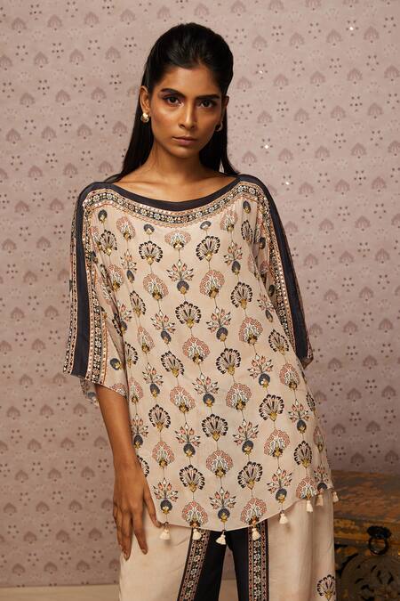 Shop Soup By Sougat Paul Beige Crepe Sarouk Print And Sequin Boat Tunic & Palazzo Set Online at Aza Fashions Shop_Soup By Sougat Paul_Beige Crepe Sarouk Print And Sequin Boat Tunic & Palazzo Set _Online_at_Aza_Fashions