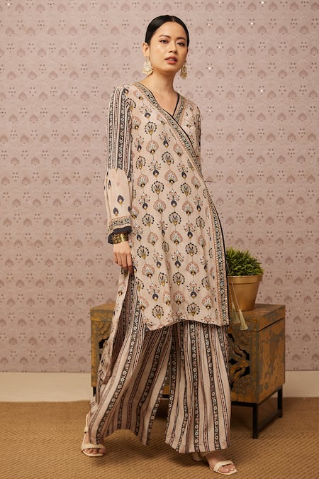 Soup By Sougat Paul Beige Crepe Sarouk Print And Sequin V Neck Angrakha Kurta & Palazzo Set Online at Aza Fashions Soup By Sougat Paul_Beige Crepe Sarouk Print And Sequin V Neck Angrakha Kurta & Palazzo Set _Online_at_Aza_Fashions