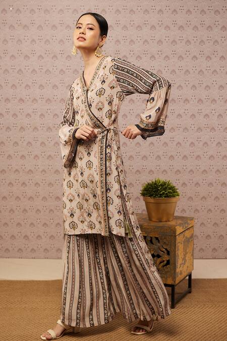 Buy Soup By Sougat Paul Beige Crepe Sarouk Print And Sequin V Neck Angrakha Kurta & Palazzo Set Online at Aza Fashions Buy_Soup By Sougat Paul_Beige Crepe Sarouk Print And Sequin V Neck Angrakha Kurta & Palazzo Set _Online_at_Aza_Fashions