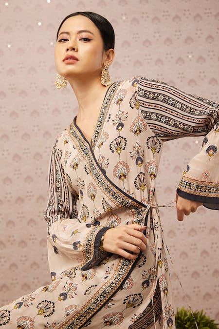 Shop Soup By Sougat Paul Beige Crepe Sarouk Print And Sequin V Neck Angrakha Kurta & Palazzo Set Online at Aza Fashions Shop_Soup By Sougat Paul_Beige Crepe Sarouk Print And Sequin V Neck Angrakha Kurta & Palazzo Set _Online_at_Aza_Fashions
