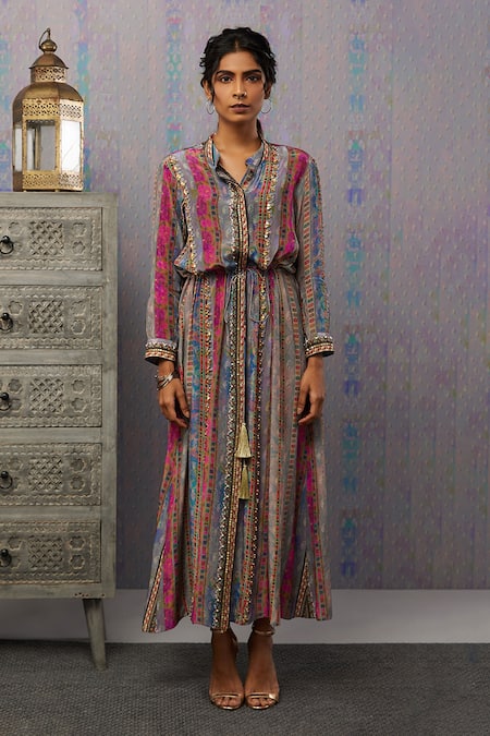 Shop_Soup by Sougat Paul_Multi Color Crepe Floral Print And Ikaya Embroidery Band Stripe Maxi Dress _at_Aza_Fashions