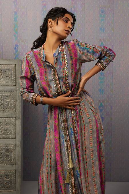 Soup by Sougat Paul_Multi Color Crepe Floral Print And Ikaya Embroidery Band Stripe Maxi Dress _Online_at_Aza_Fashions