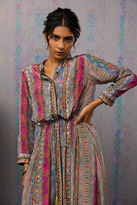 Buy_Soup by Sougat Paul_Multi Color Crepe Floral Print And Ikaya Embroidery Band Stripe Maxi Dress _Online_at_Aza_Fashions