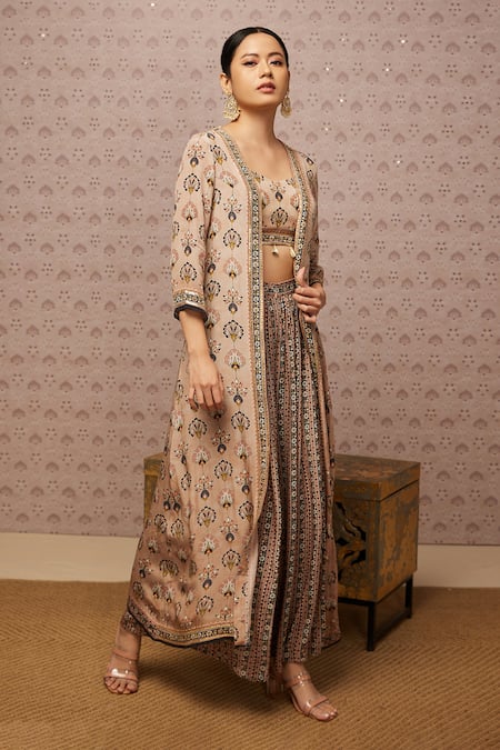 Buy_Soup By Sougat Paul_Beige Crop Top And Palazzo Crepe & Jacket Organza Floral Print, Sarouk & Set _Online_at_Aza_Fashions