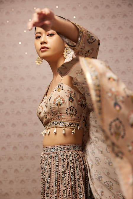 Shop_Soup By Sougat Paul_Beige Crop Top And Palazzo Crepe & Jacket Organza Floral Print, Sarouk & Set _Online_at_Aza_Fashions