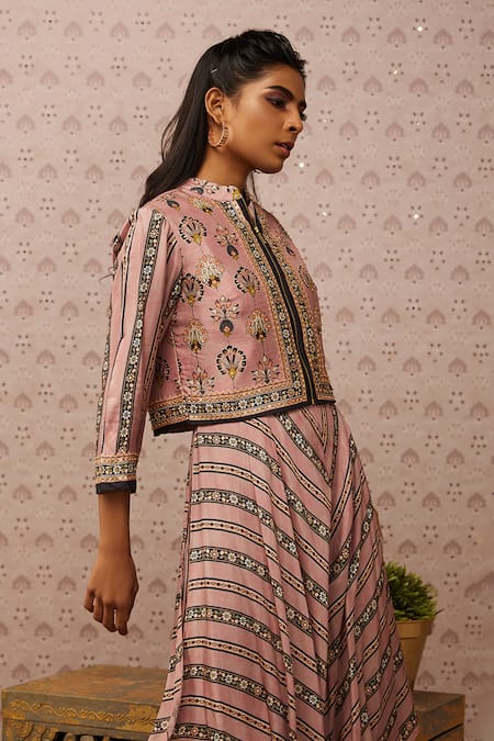 Soup By Sougat Paul Pink Crepe Sarouk Print And Sequin Jacket Band & Jumpsuit Round With Online at Aza Fashions Soup By Sougat Paul_Pink Crepe Sarouk Print And Sequin Jacket Band & Jumpsuit Round With _Online_at_Aza_Fashions