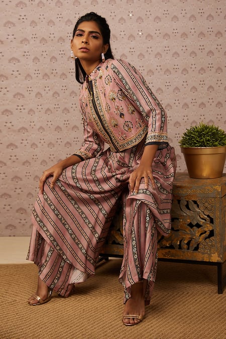 Buy Soup By Sougat Paul Pink Crepe Sarouk Print And Sequin Jacket Band & Jumpsuit Round With Online at Aza Fashions Buy_Soup By Sougat Paul_Pink Crepe Sarouk Print And Sequin Jacket Band & Jumpsuit Round With _Online_at_Aza_Fashions