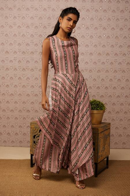 Shop Soup By Sougat Paul Pink Crepe Sarouk Print And Sequin Jacket Band & Jumpsuit Round With Online at Aza Fashions Shop_Soup By Sougat Paul_Pink Crepe Sarouk Print And Sequin Jacket Band & Jumpsuit Round With _Online_at_Aza_Fashions