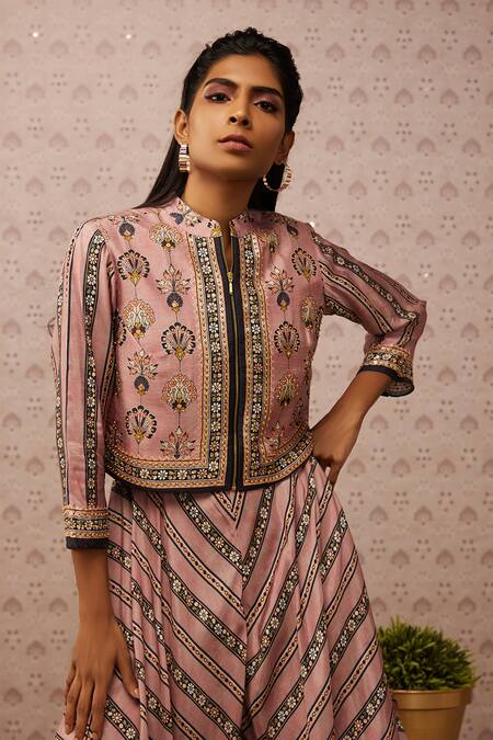 Soup By Sougat Paul Pink Crepe Sarouk Print And Sequin Jacket Band & Jumpsuit Round With at Aza Fashions Soup By Sougat Paul_Pink Crepe Sarouk Print And Sequin Jacket Band & Jumpsuit Round With _at_Aza_Fashions