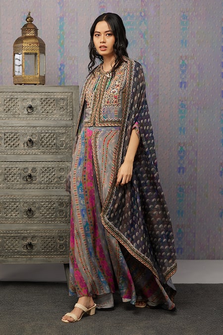 Soup By Sougat Paul_Multi Color Crepe And Chiffon Ikaya Print & Sequin Round Neck Cape & Palazzo Set _Online_at_Aza_Fashions