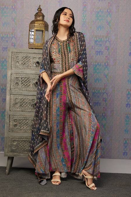 Buy_Soup By Sougat Paul_Multi Color Crepe And Chiffon Ikaya Print & Sequin Round Neck Cape & Palazzo Set _Online_at_Aza_Fashions